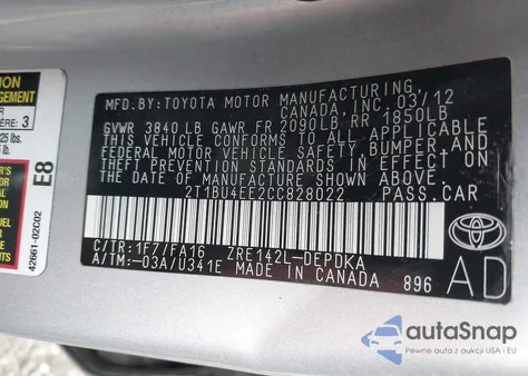 2012 Toyota Corolla S/Le from USA, damaged, VIN 2T1BU4EE2CC828022